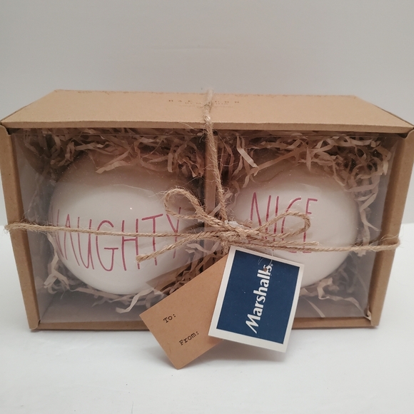 Rae Dunn Ceramic Christmas Ornaments MERRY, BRIGHT, NAUGHTY, NICE Red and White - Picture 2 of 4